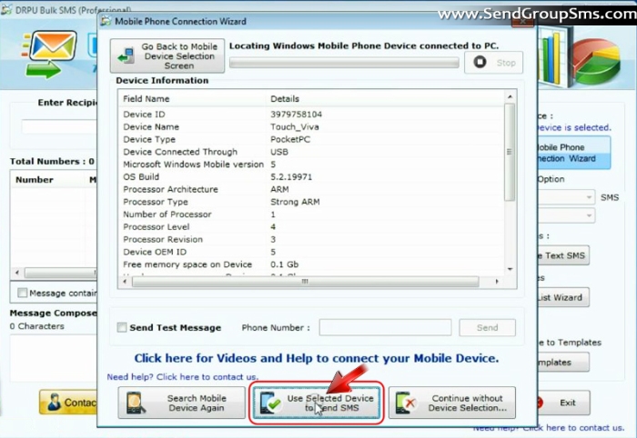 click on use selected device to send sms